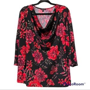 Sami & Jo plus 2X women blouse drape neck red black gold floral print 3/4 sleeve